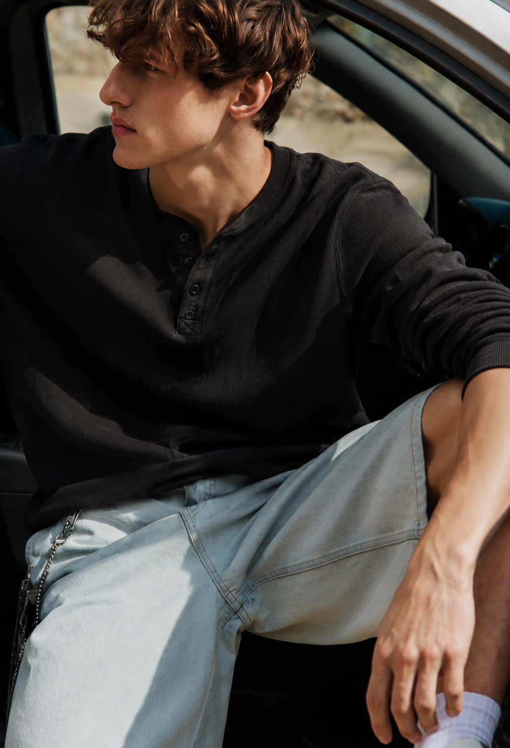 Black Washed Waffle Full Sleeves Tshirt