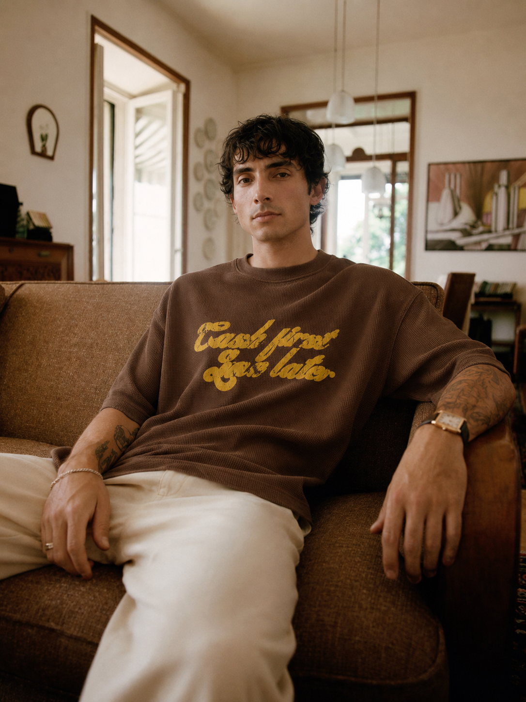 Cash Love Brown Washed Waffle Tshirt