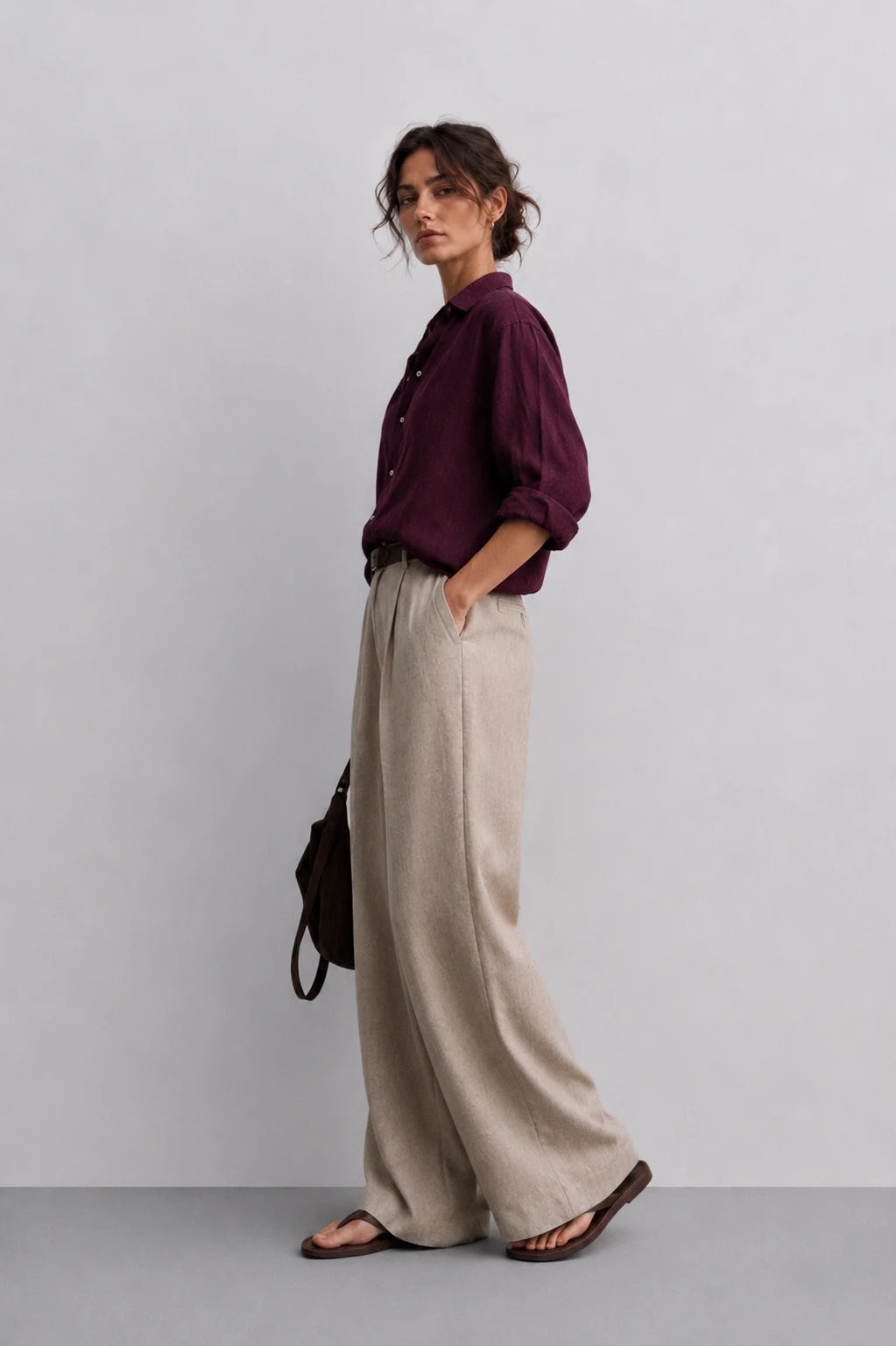 Natural Beige Linen Wide Leg Trousers