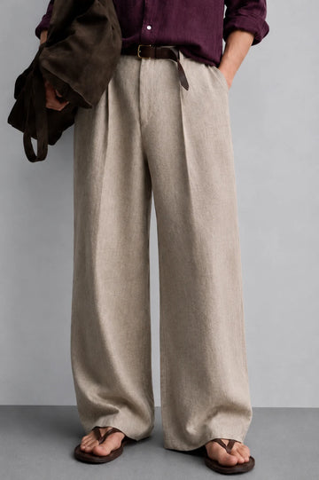 Natural Beige Linen Wide Leg Trousers