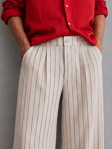 Natural Pinstripe Linen Wide Leg Trousers