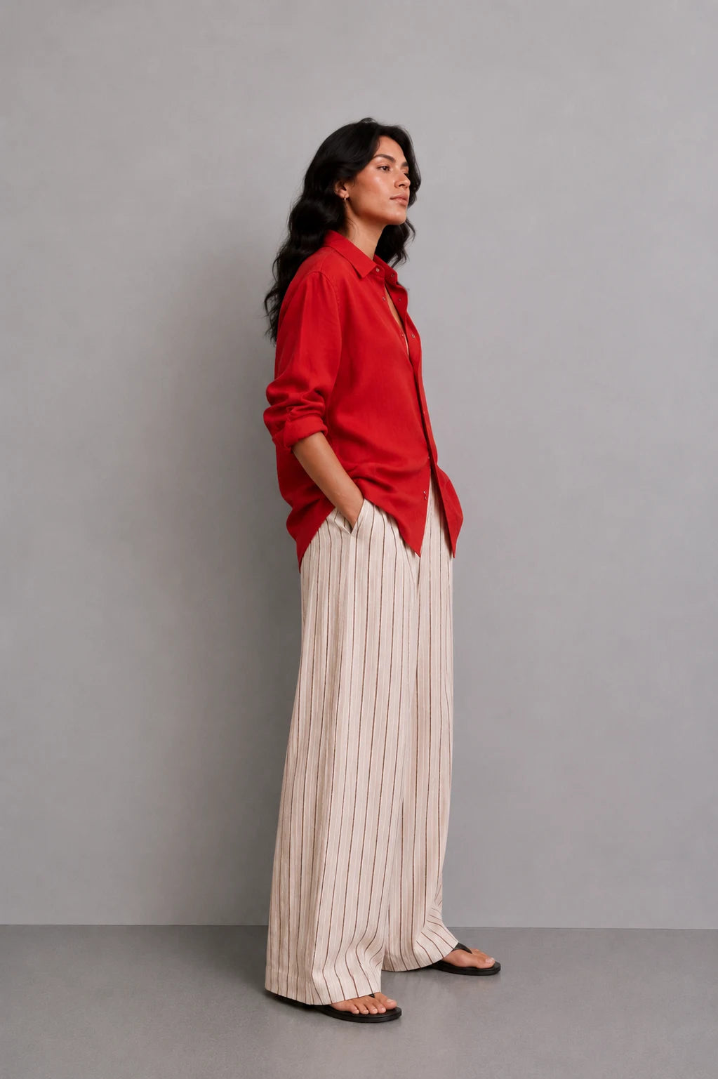 Natural Pinstripe Linen Wide Leg Trousers