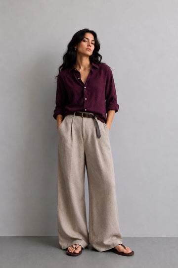 Natural Beige Linen Wide Leg Trousers